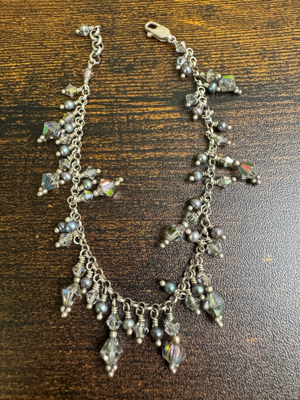 Silver Iridescent Crystal Bead Dangle Bracelet with Genuine Pearls